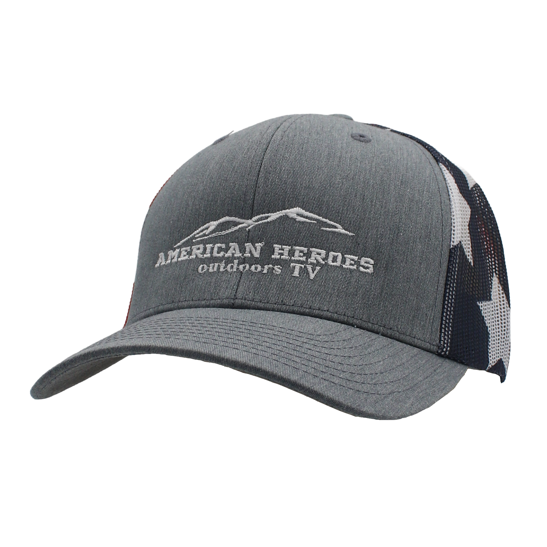 Grey hat with an american flag mesh back and an american heroes logo on the front.