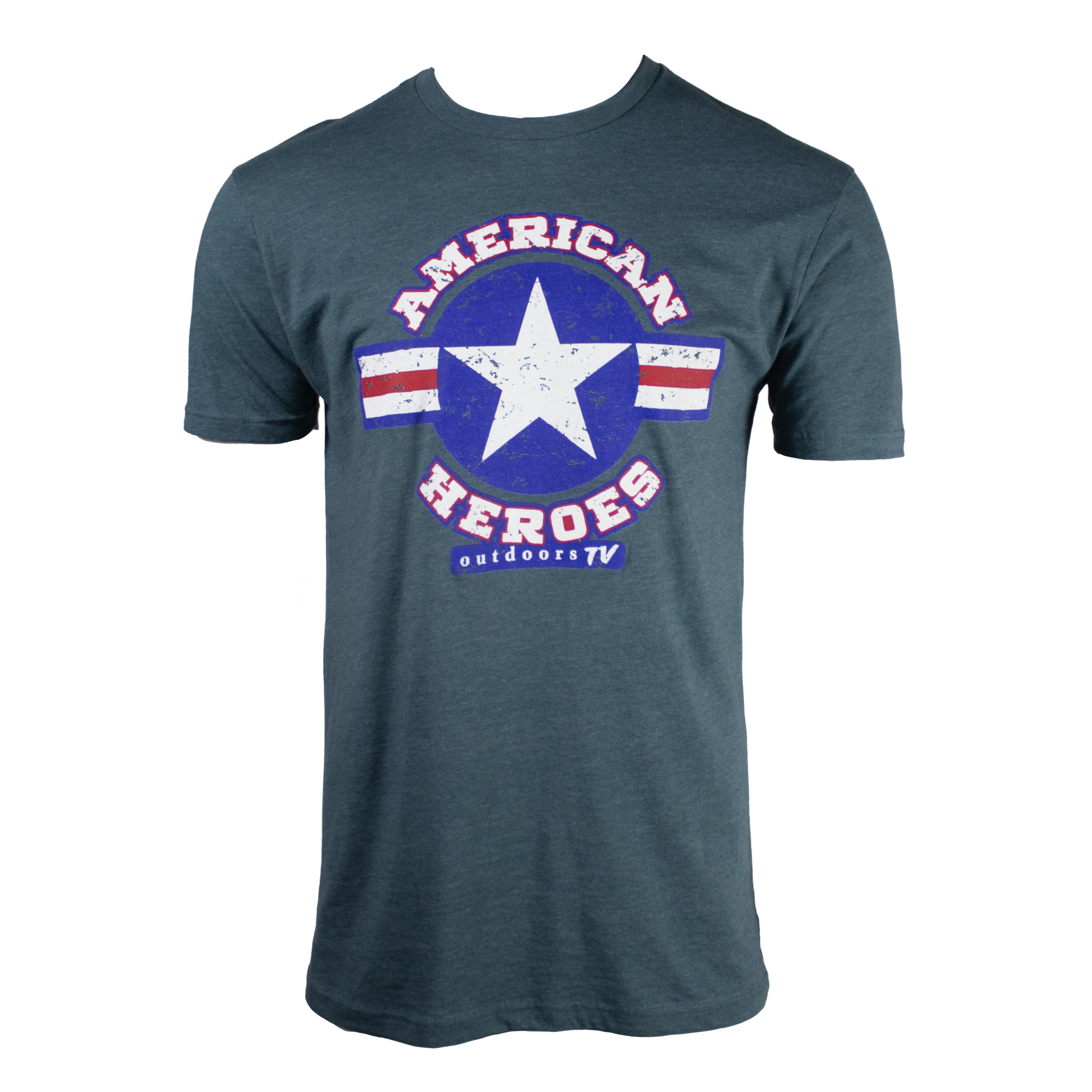 Dark grey t-shirt with a red white and blue american heroes stars and stripes design
