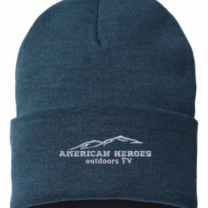 Navy beanie with a white american heroes logo on the cuff