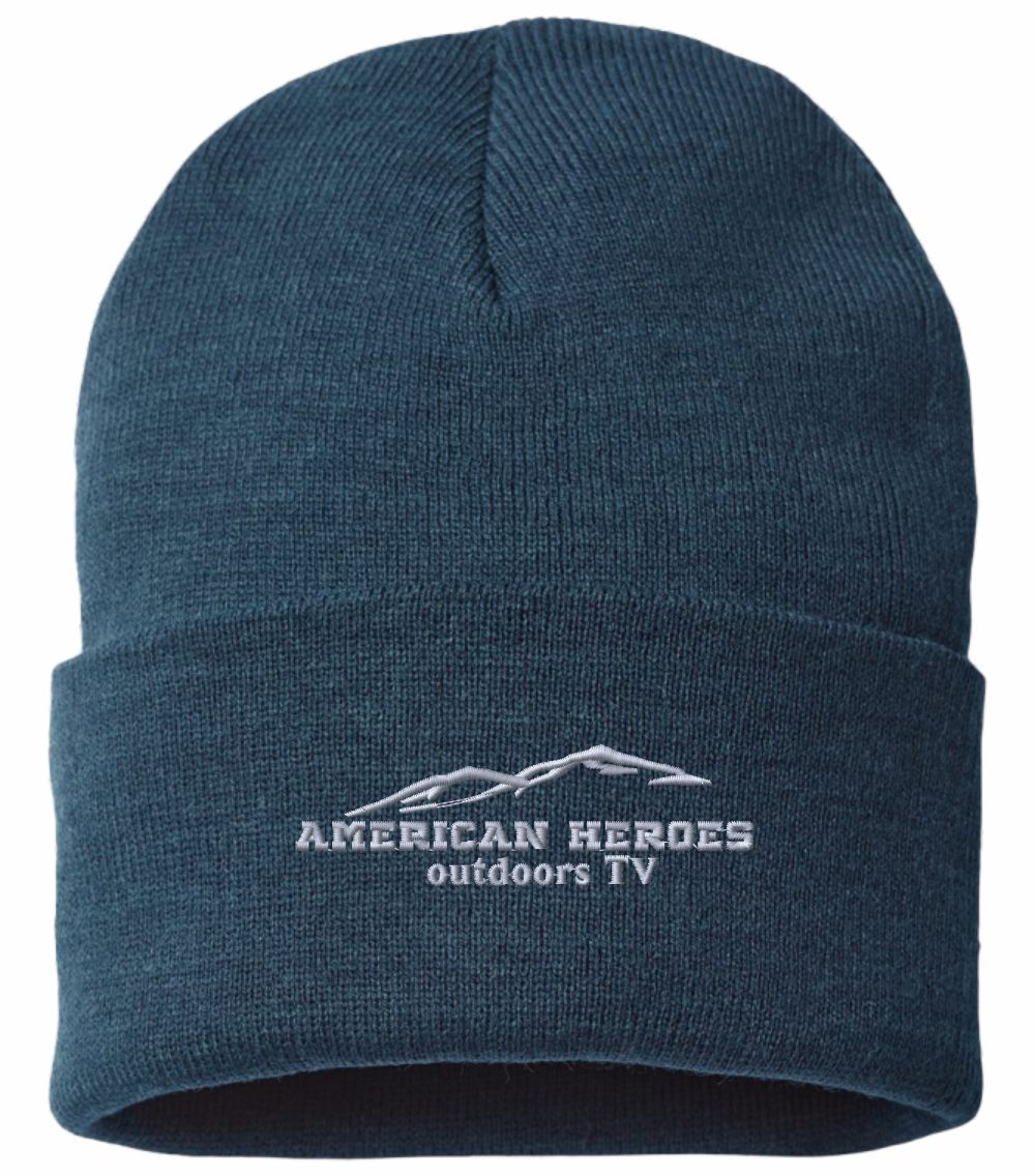 Navy beanie with a white american heroes logo on the cuff