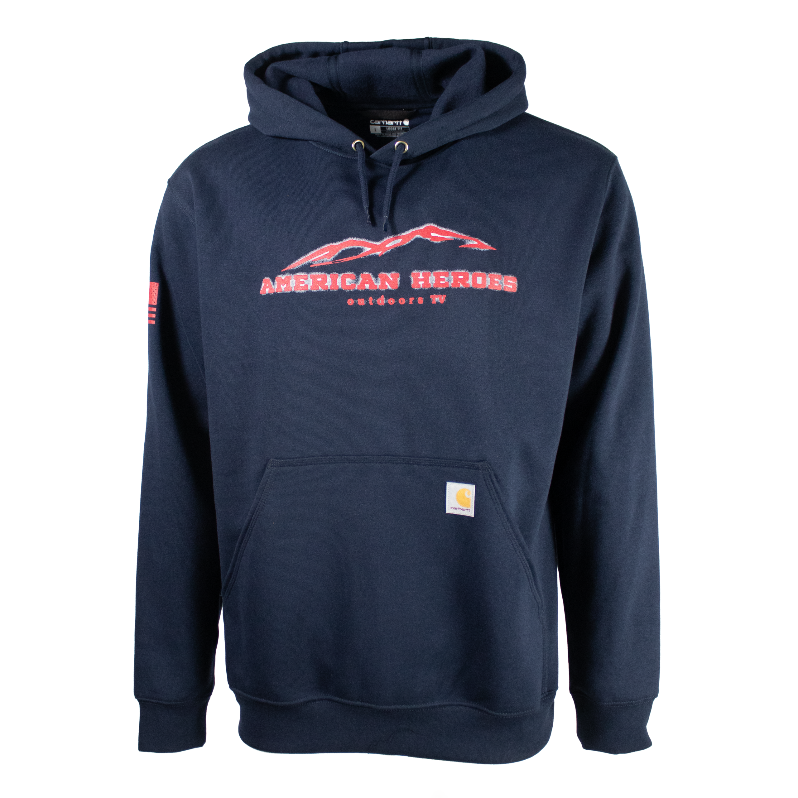 Front of a navy blue hoodie with a red american heroes logo on the chest.