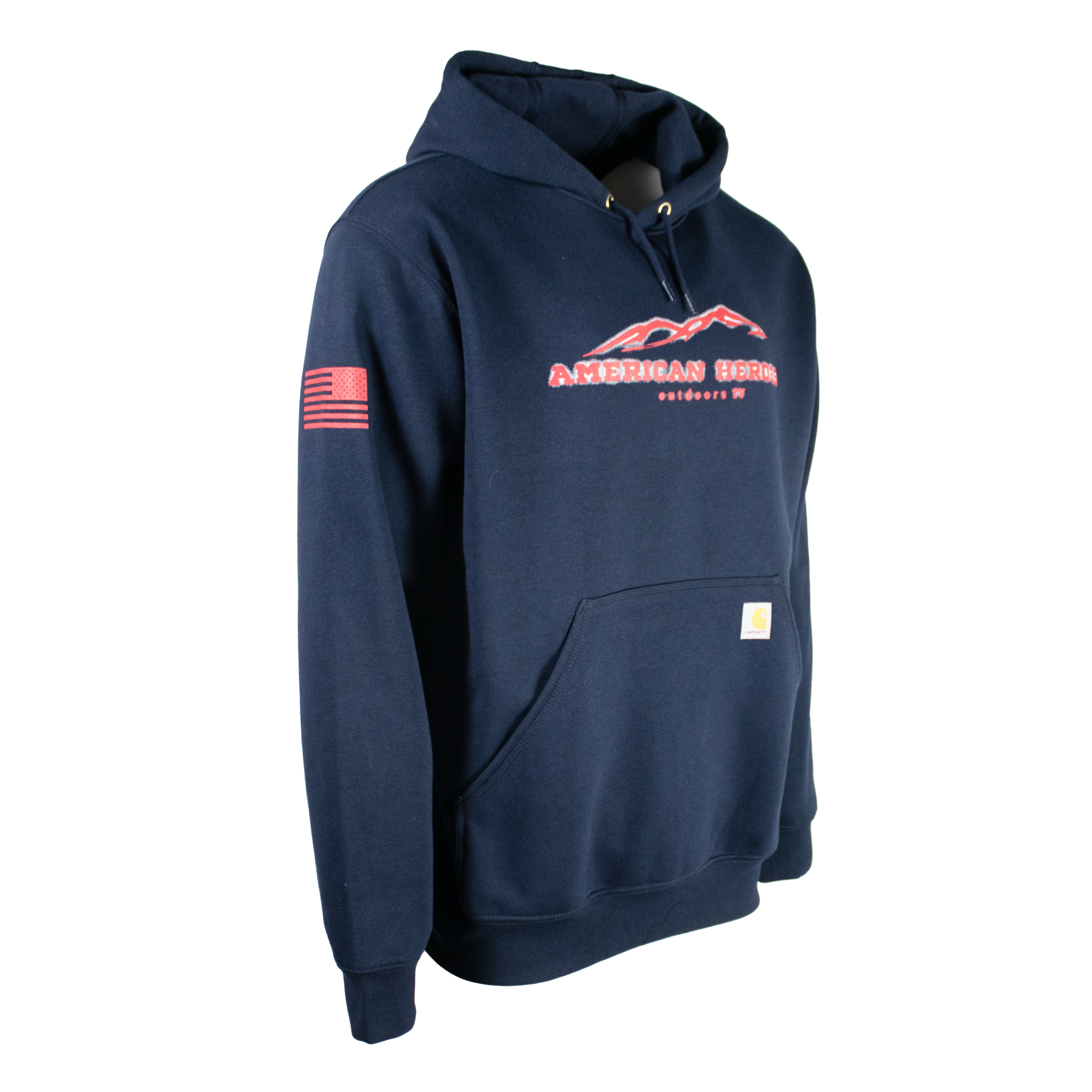 Side of a navy blue hoodie with a red american heroes logo on the chest.