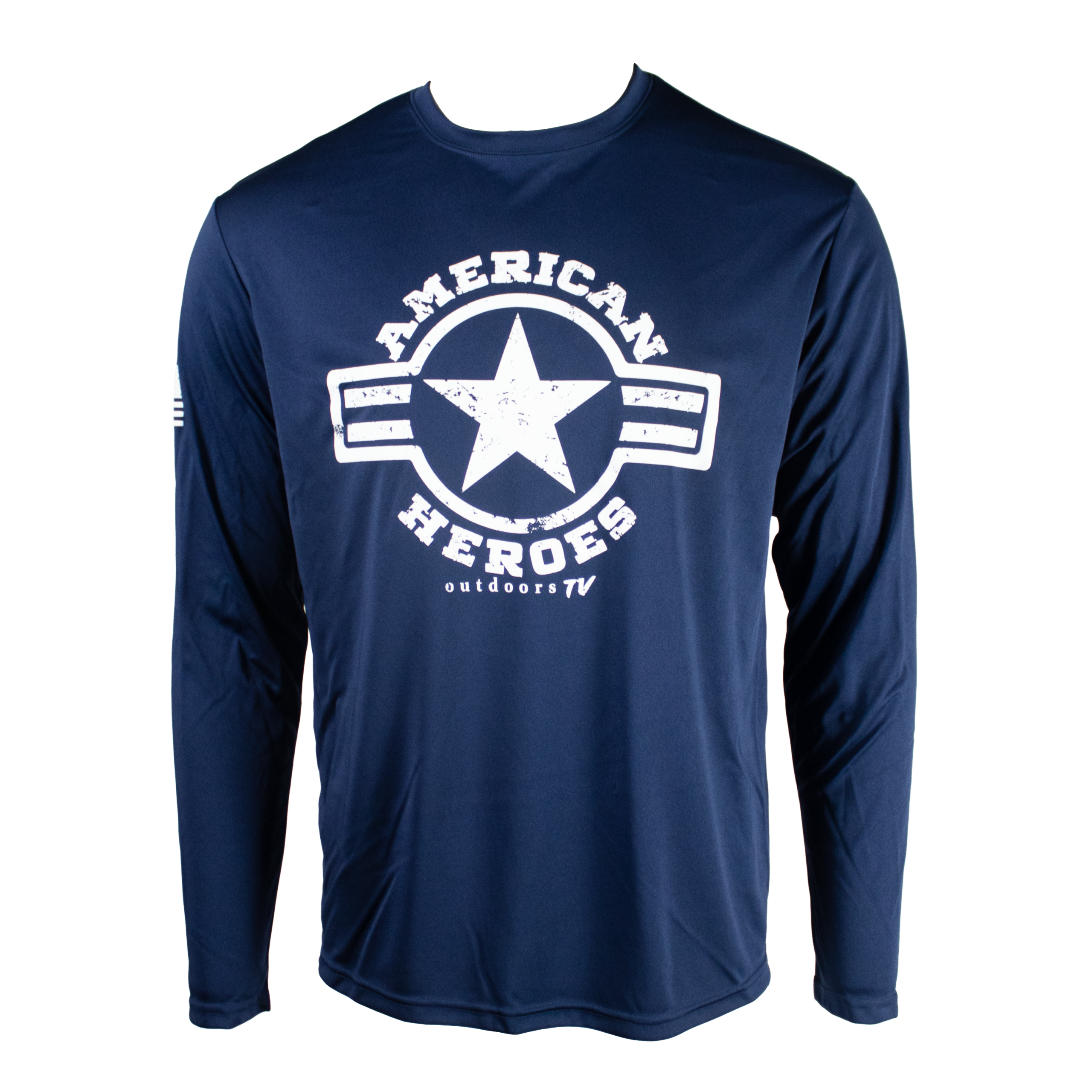 Navy blue long sleeve shirt with a white American Heroes logo on the front.