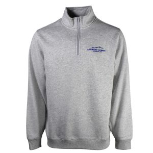 Front of a light grey quarter zip with a blue american heroes logo on the left chest.