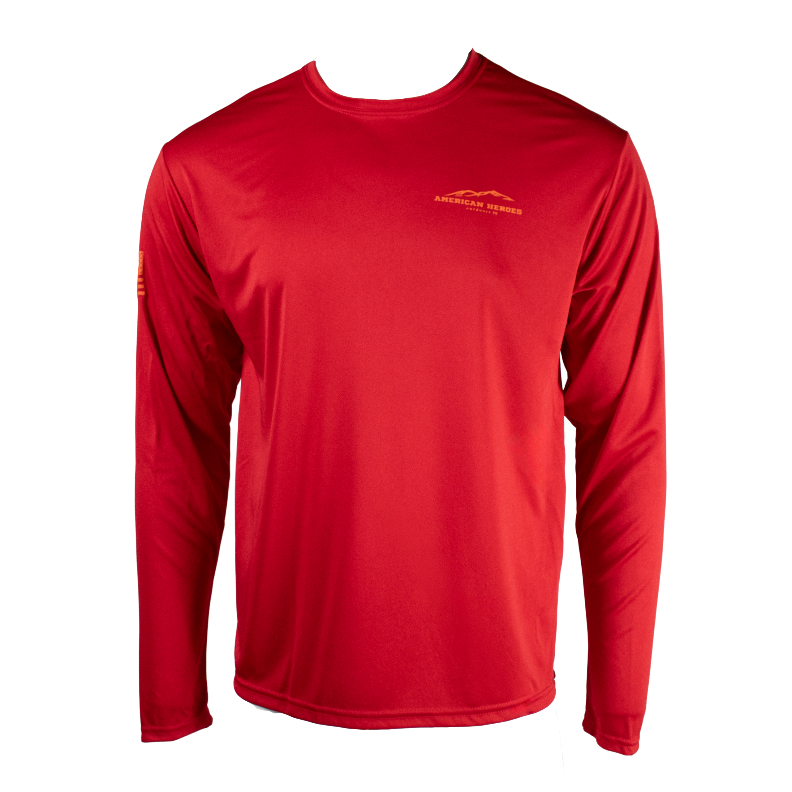 Front of a red long sleeve shirt with an orange american heroes logo on the left chest.
