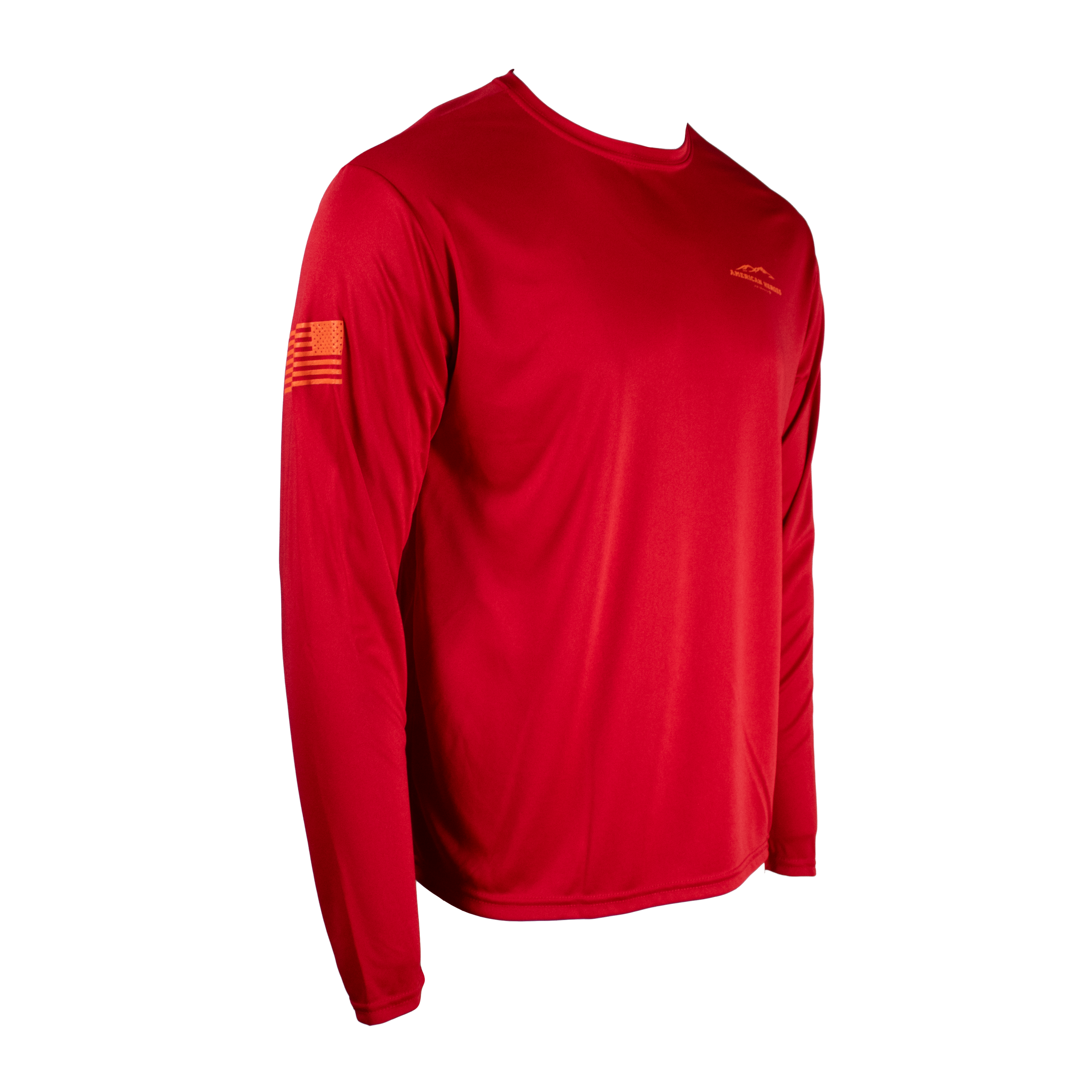 Side of a red long sleeve shirt with an orange american heroes logo on the left chest.