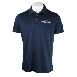 Front of a navy blue polo with a white american heroes on the left chest.