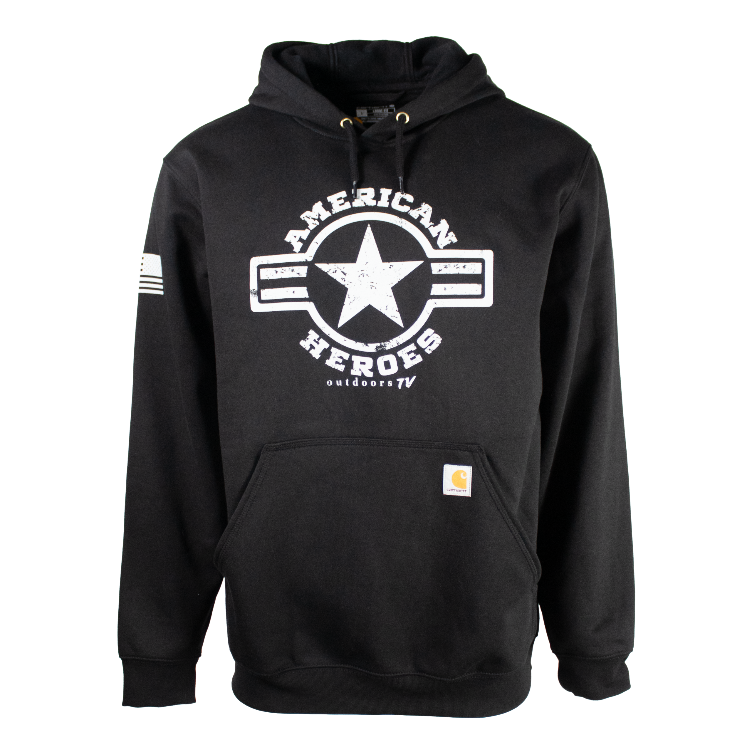 front of a black hoodie with a white american heroes logo.