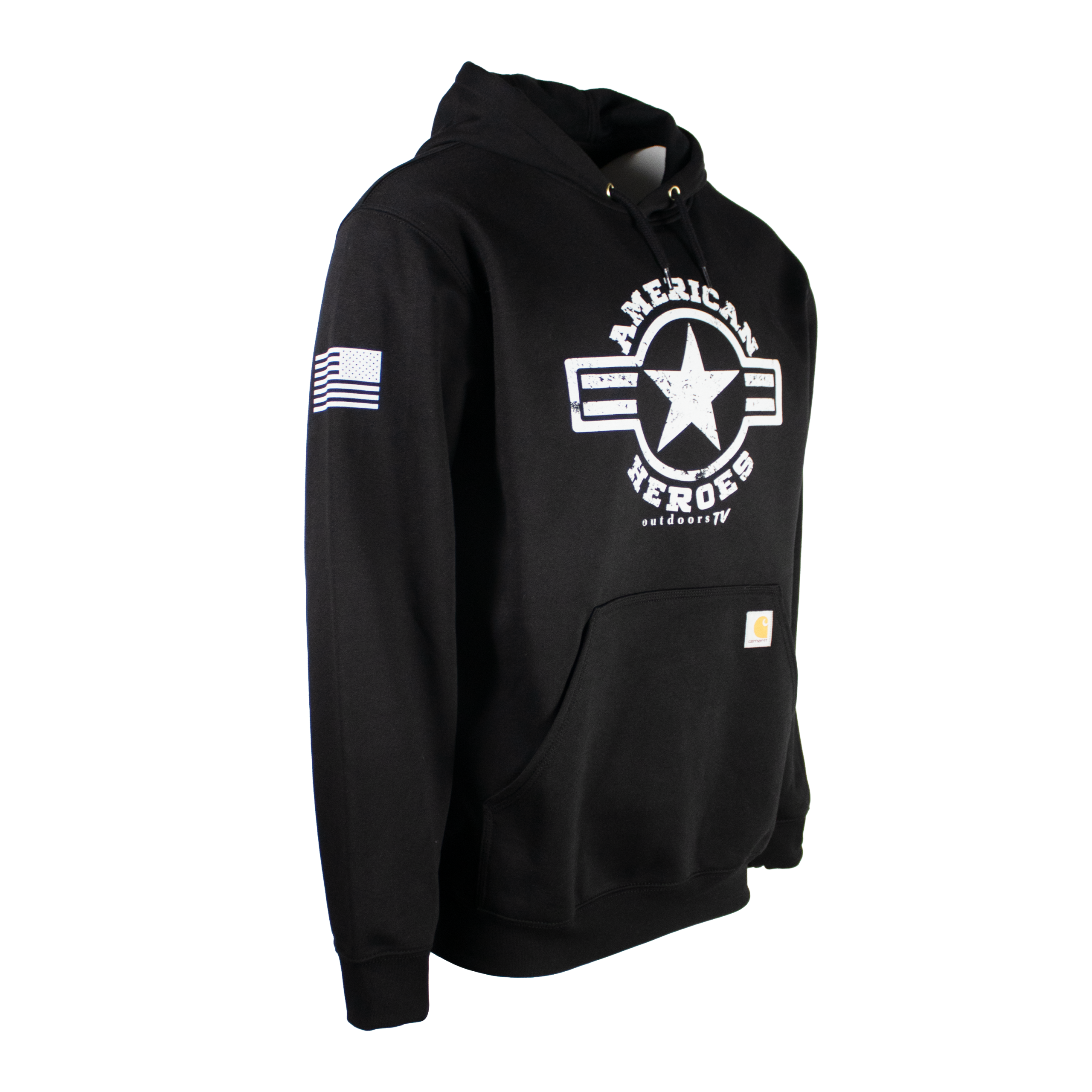 Side of a black hoodie with a white american heroes logo.